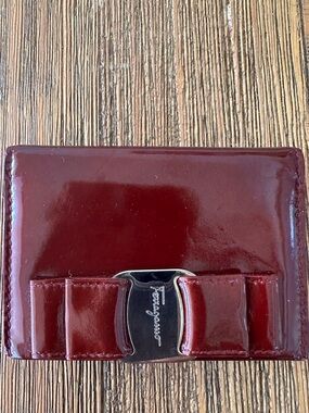 Retro Salvatore Ferragamo Red Patent Leather Card Holder with Bow Accent
